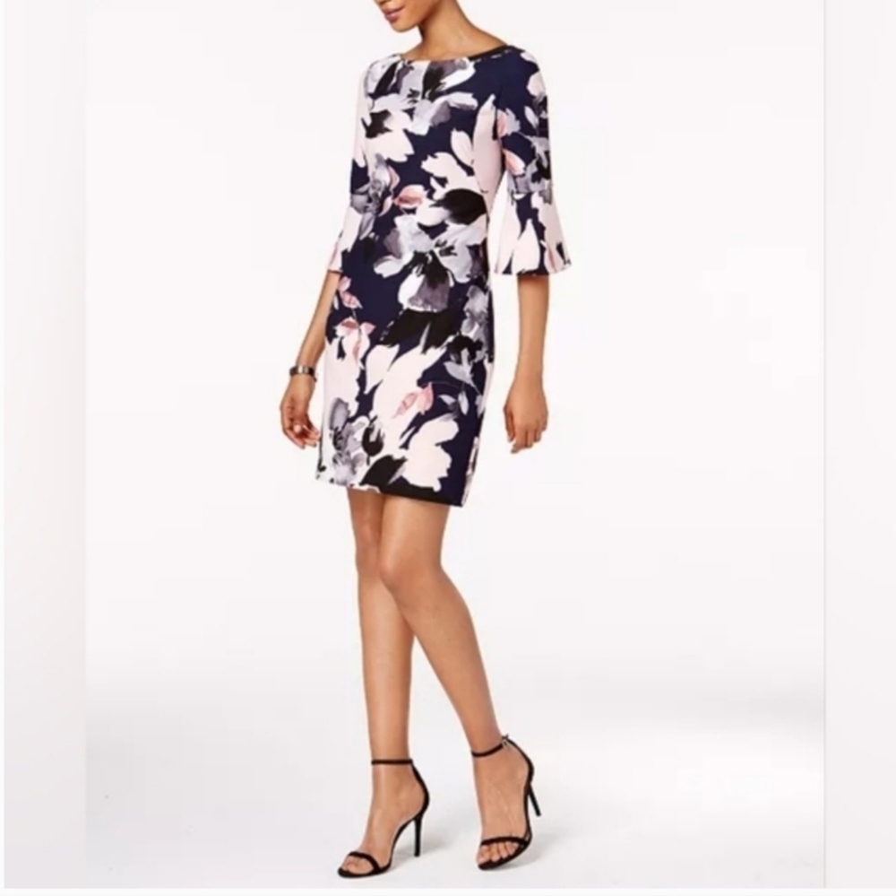 Vince Camuto Navy Blue and Pink Floral Print Bell Sleeve Spring Summer Dress 10 - Picture 13 of 15
